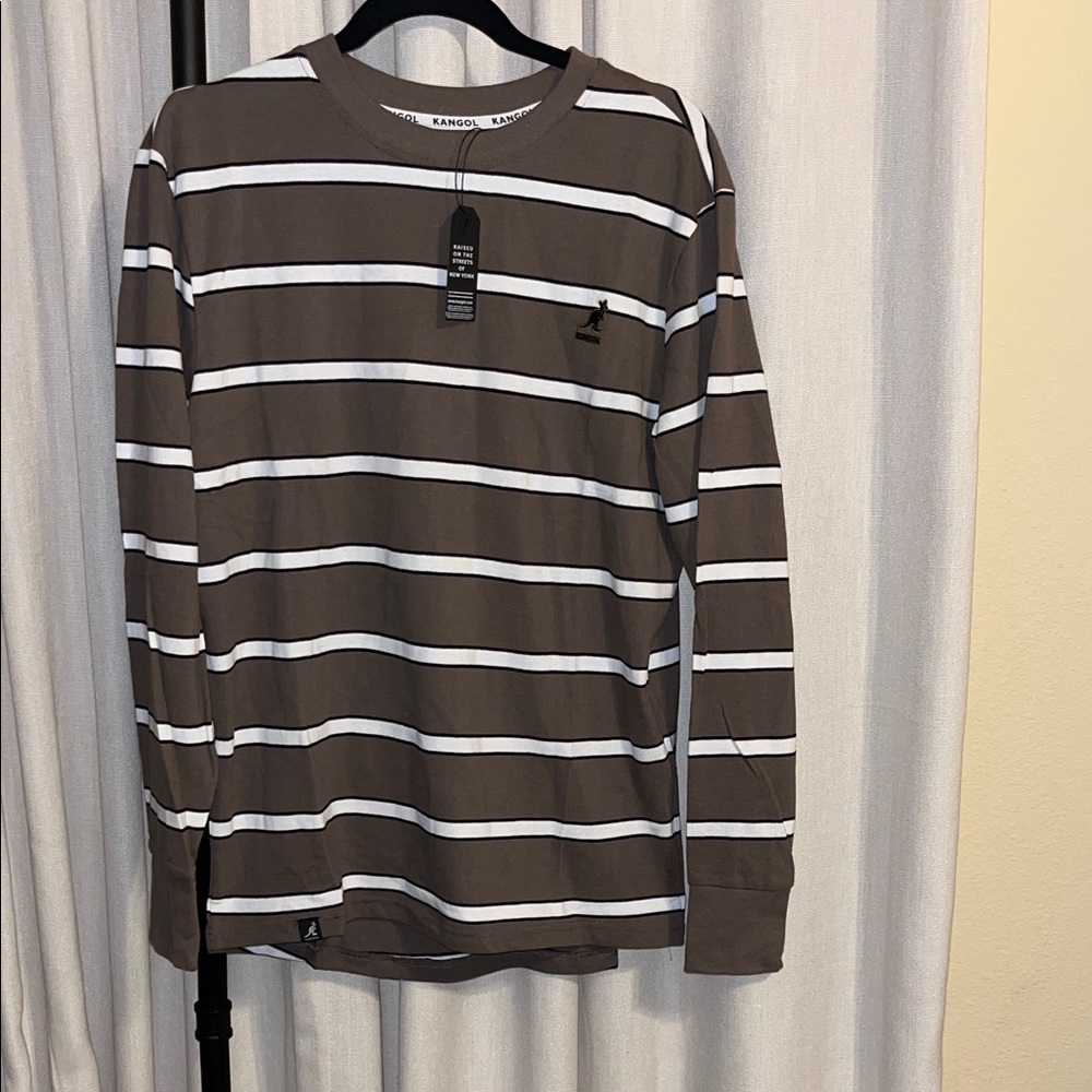 Kangol Men's Long Sleeve Shirt in Brown and White Stripes
